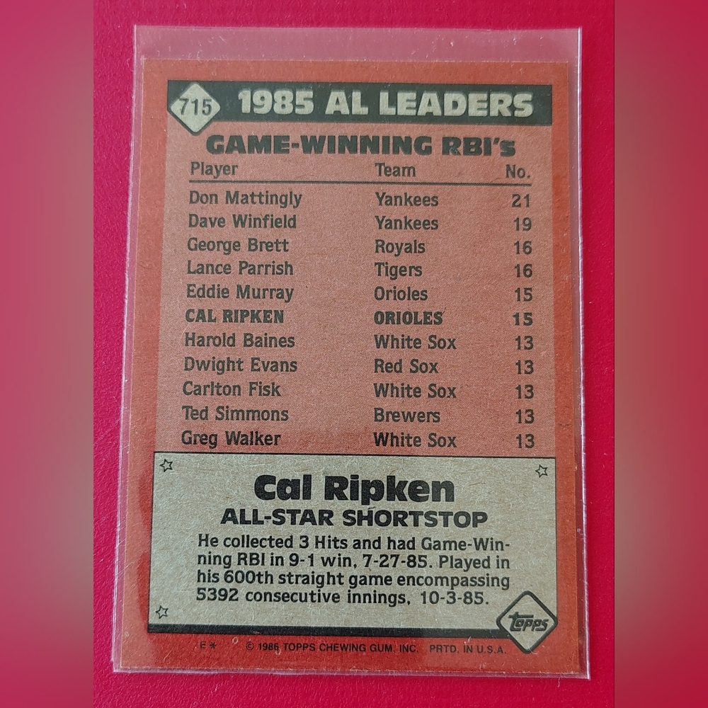 Cal Ripken 1986 Topps All Star #715 Baltimore Orioles Baseball Card - Picture 2 of 2